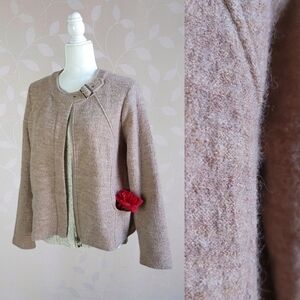For Cynthia Cozy Wool Moto Buckle Zip Front Jacket Marled Beige Tan Petite Large